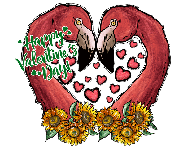 Happy Valentines Day In Green Font With Flamingo Heart And Sunflower DTF (direct-to-film) Transfer