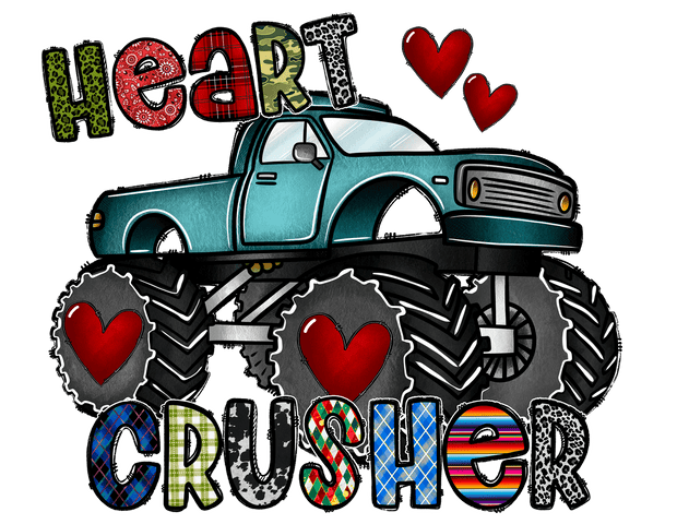 Heart Crusher Monster Truck With Multi Color Font In Turquoise DTF (direct-to-film) Transfer