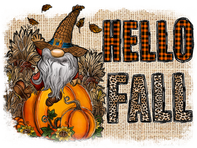 Hello Fall Gnome and Pumpkin DTF (direct-to-film) Transfer