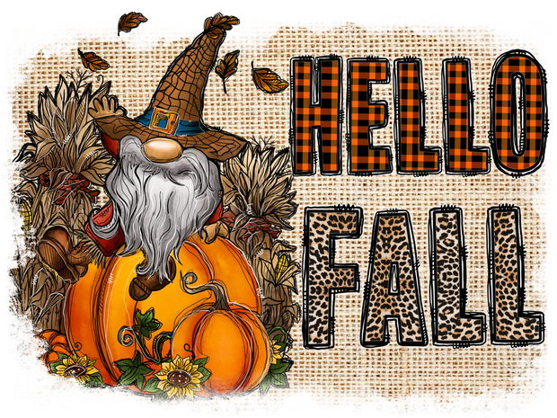 Hello Fall Gnome and Pumpkin DTF (direct-to-film) Transfer