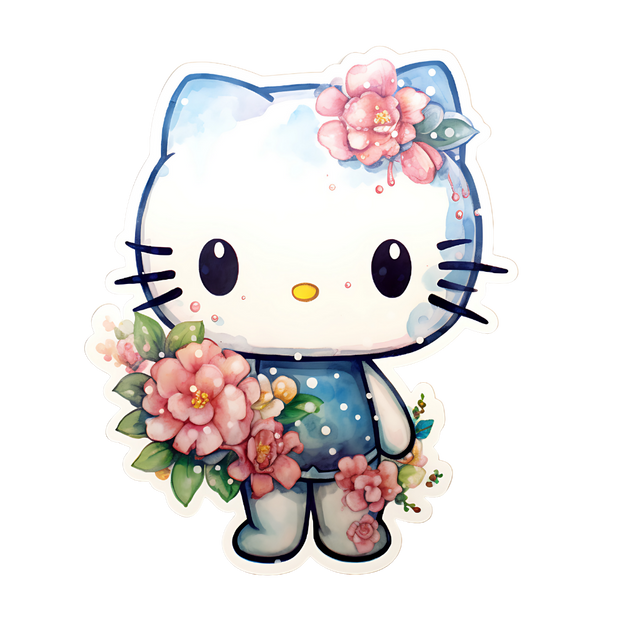 Hello Kitty in Blue Top and Flowers DTF (direct-to-film) Transfer