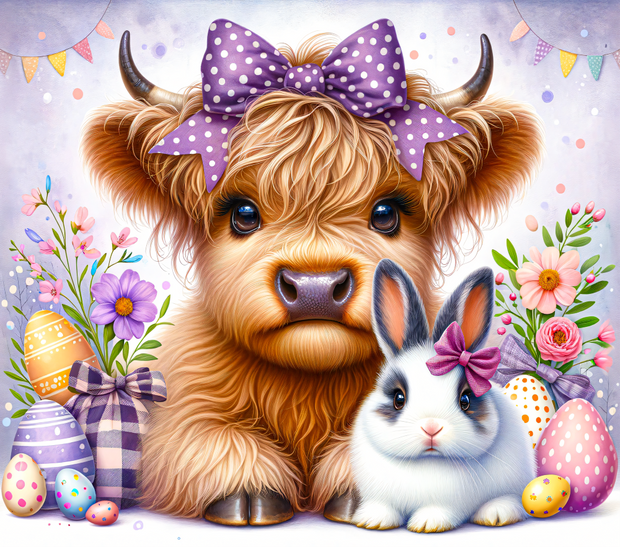 Easter Highland Cow with Bunny UV DTF 20 oz. Skinny Straight Tumbler Wrap