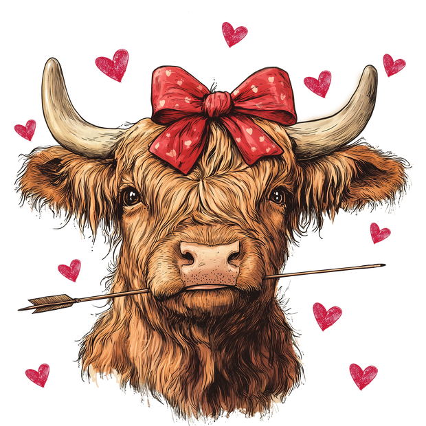 Highland Cow Holding Arrow With Red Hearts DTF (direct-to-film) Transfer