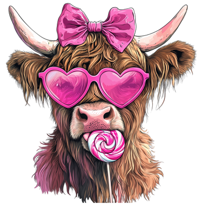 Highland Cow With Heart Glasses Pink Bow And Lollipop DTF (direct-to-film) Transfer