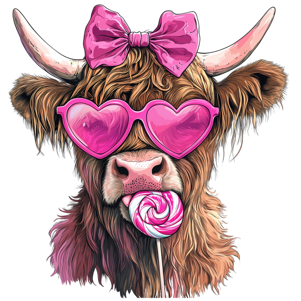 Highland Cow With Heart Glasses Pink Bow And Lollipop DTF (direct-to-film) Transfer