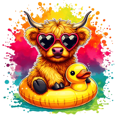 Highland Cow in Duck Float Color Drip DTF (direct-to-film) Transfer