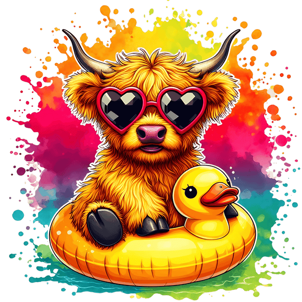 Highland Cow in Duck Float Color Drip DTF (direct-to-film) Transfer