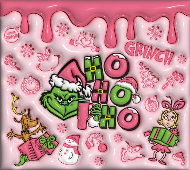 Ho Ho Ho Grinchy With Max And Cindy Loo Who Dripping With Pink UV-DTF 20 oz Skinny Tumbler Wrap