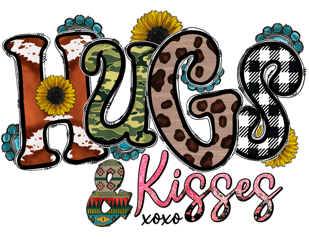 Hugs And Kisses XOXO in Camo And Multi Print Font DTF (direct-to-film) Transfer