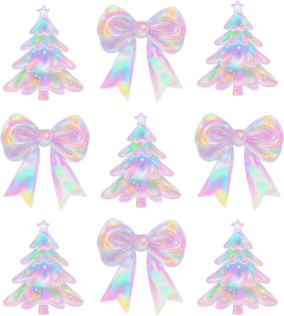 Iridescent Christmas Trees & Bows DTF (direct-to-film) Transfer