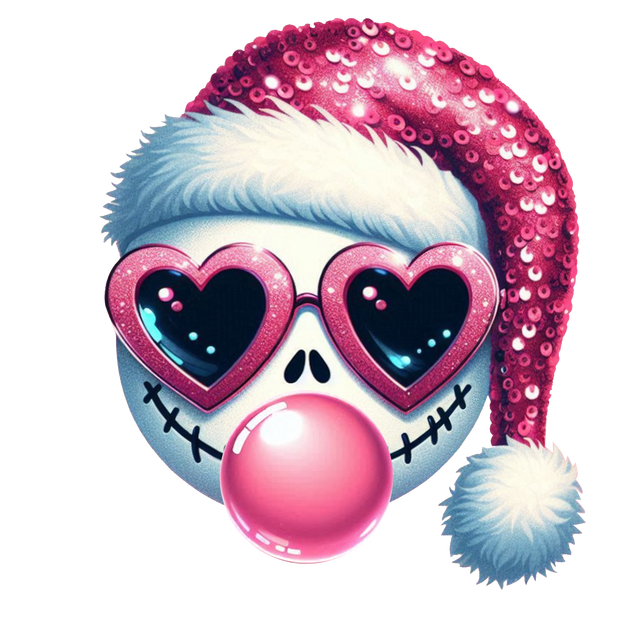 Jack Skellington Blowing Bubble Wearing Pink Santa Hat DTF (direct-to-film) Transfer