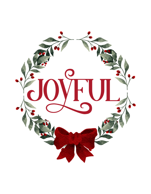 Joyful Wreath and Red Bow DTF (direct-to-film) Transfer