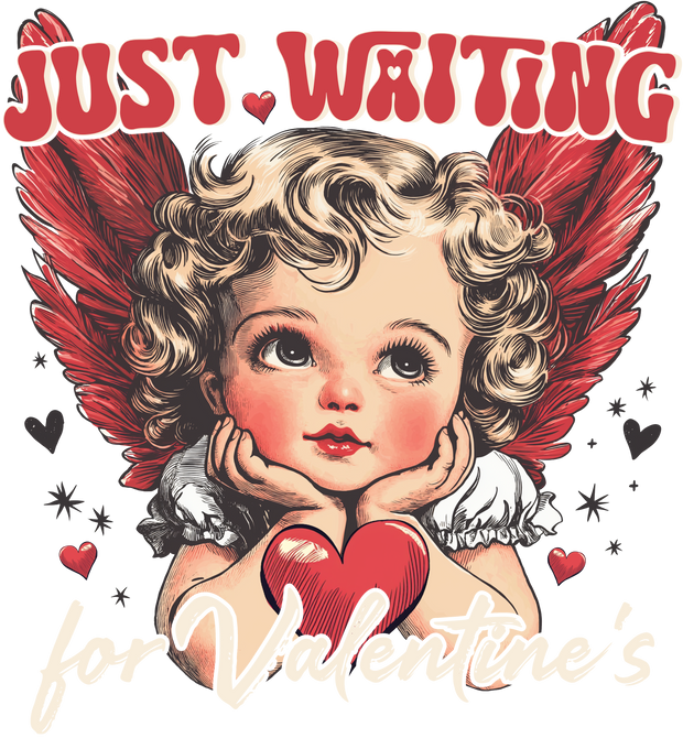 Just Waiting Vintage Cherub In Red Font  DTF (direct-to-film) Transfer