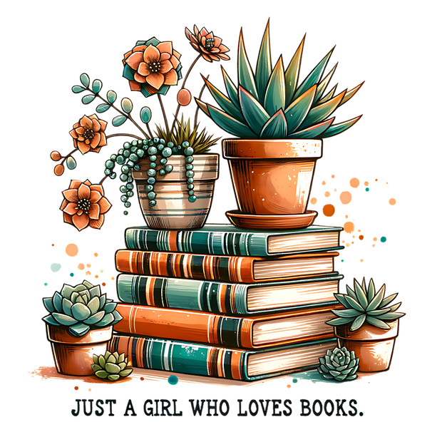 Just a Girl Who Loves Books Flowerpots & Books DTF (direct-to-film) Transfer
