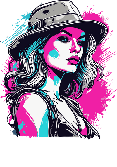 Lady in Hat Pink & Blue Color Drip DTF (direct-to-film) Transfer
