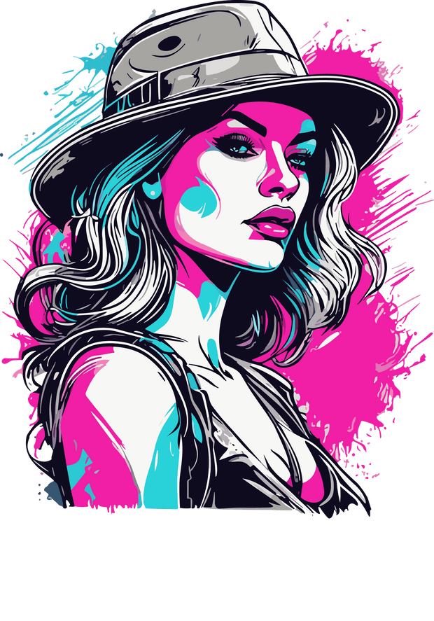 Lady in Hat Pink & Blue Color Drip DTF (direct-to-film) Transfer
