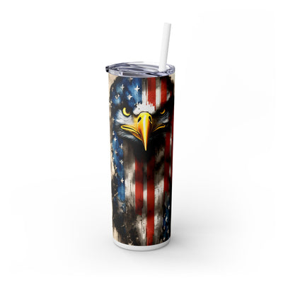 One Naton Under God In Black Font With American Flag And Eagle In Red White And Blue UV-DTF 20 oz Skinny Tumbler Wrap