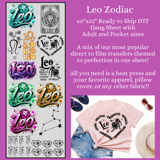 Leo Zodiac with Pockets 60" DTF Ready to Ship Gang Sheet