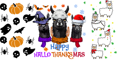 Llama Happy Hallothanksmas-Halloween-Christmas-Fall Thanksgiving 16oz UV DTF Libby Cup Wrap