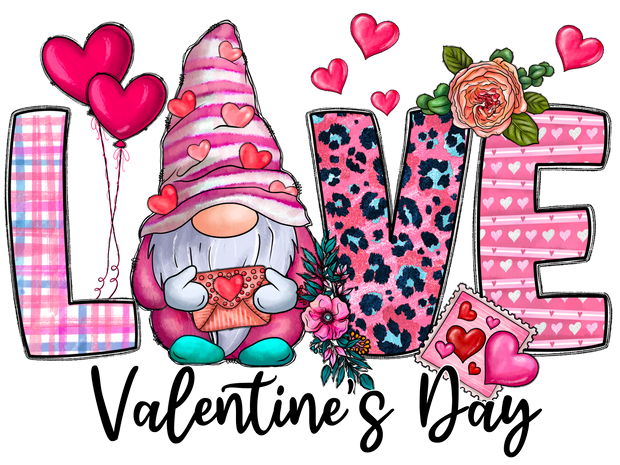 Love Valentines Day Gnome With Heart Balloons And Floral DTF (direct-to-film) Transfer