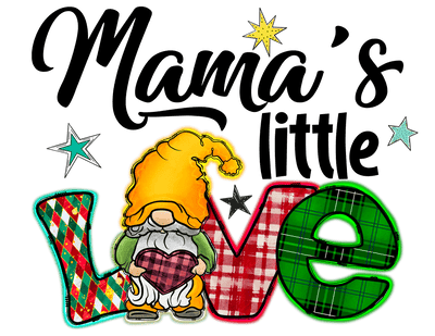 Mamas Little Love In Multi Print Font With Gnome DTF (direct-to-film) Transfer