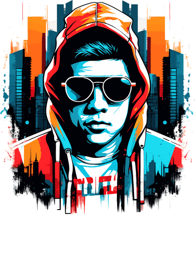 Man in Orange Hoodie Glasses & Tall Buildings DTF (direct-to-film) Transfer