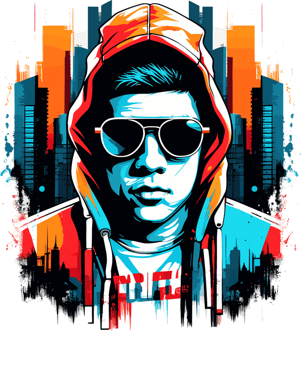 Man in Orange Hoodie Glasses & Tall Buildings DTF (direct-to-film) Transfer