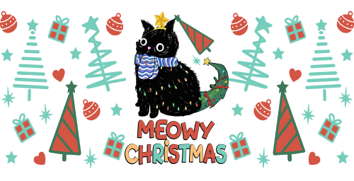 Meowy Christmas Cat Black Christmas Tree-animal Christmas-Cartoon Christmas-Christmas Tree-Snowman Christmas 16oz UV DTF Libby Cup Wrap