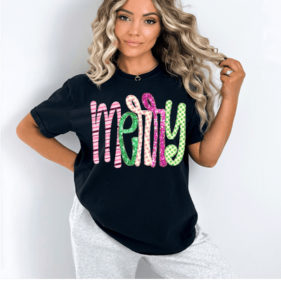 T-Shirt with Merry Faux Embroidery and Glitter in DTF - Twisted Image Transfers