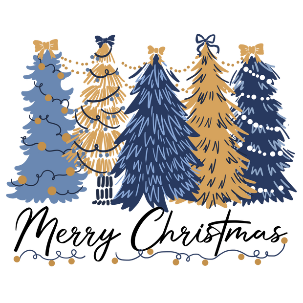 Merry Christmas Blue & Brown Trees DTF (direct-to-film) Transfer