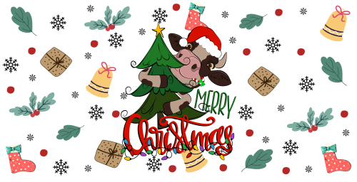 Merry Christmas Cow Tree-Cow Christmas Light 16oz UV DTF Libby Cup Wrap