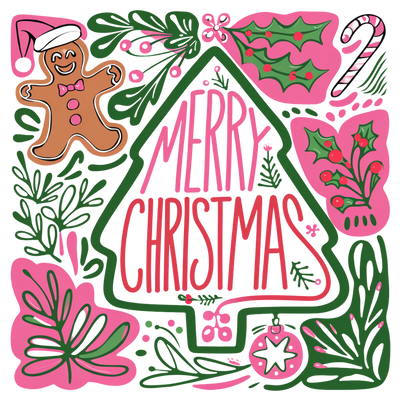 Merry Christmas Outline Tree With Pink DTF (direct-to-film) Transfer