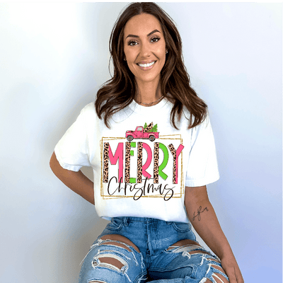 T-Shirt with Merry Christmas Pink Box Truck in DTF - Twisted Image Transfers