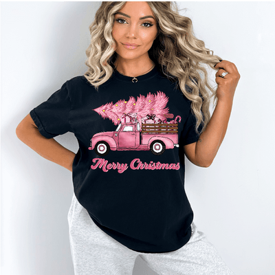 T-Shirt with Merry Christmas Pink Truck in DTF - Twisted Image Transfers