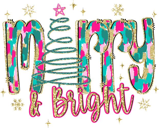 Merry & Bright Green Pink & Gold DTF (direct-to-film) Transfer