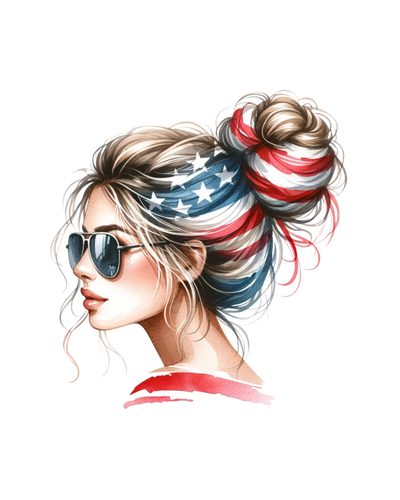 Messy Buns Girl 1 With Sunglasses And American Flag Streaked Hair 1 DTF (direct-to-film) Transfer