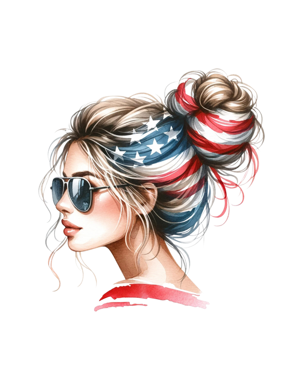 Messy Buns Girl 1 With Sunglasses And American Flag Streaked Hair 1 DTF (direct-to-film) Transfer