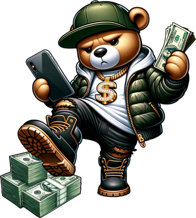 Money Bear with Phone and Cash DTF (direct-to-film) Transfer