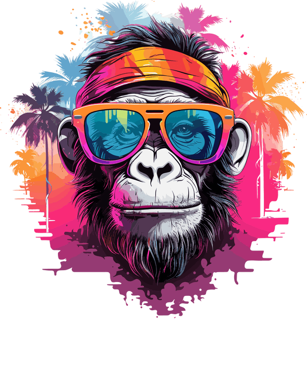Monkey in Glasses Color Drip & Palm Trees DTF (direct-to-film) Transfer