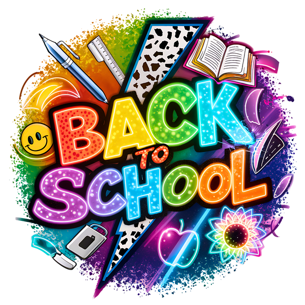 Neon Back to School & Lightning Bolt DTF (direct-to-film) Transfer