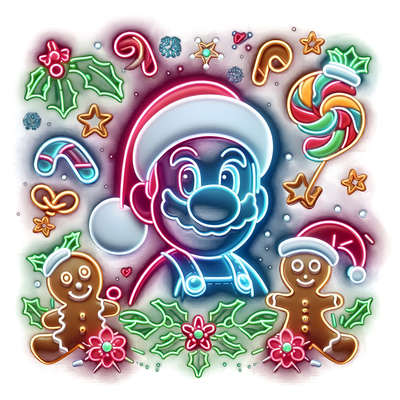 Neon Mario With Gingerbread and Canes DTF (direct-to-film) Transfer