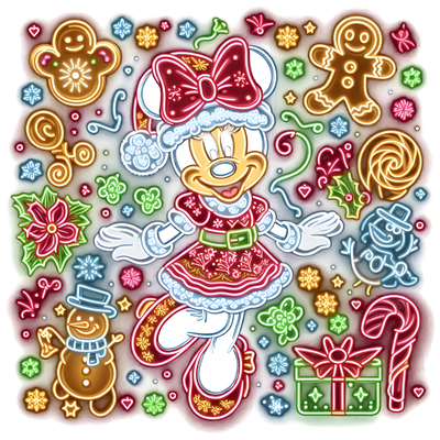 Neon Minnie Snowmen and Gingerbread DTF (direct-to-film) Transfer