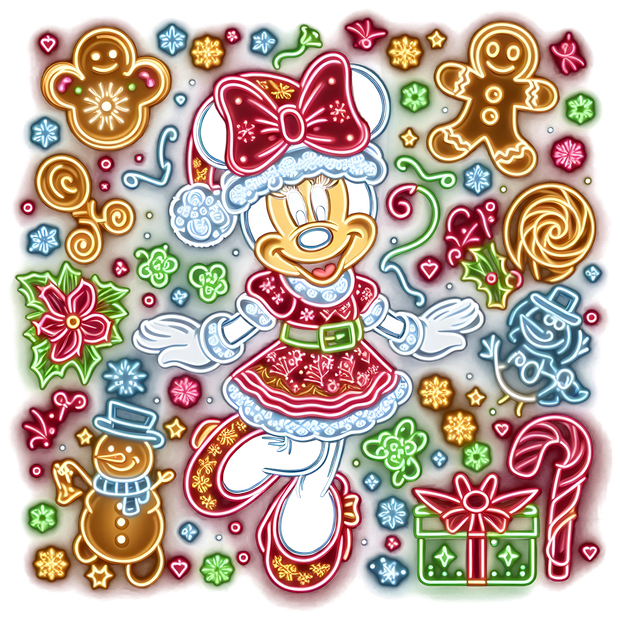 Neon Minnie Snowmen and Gingerbread DTF (direct-to-film) Transfer