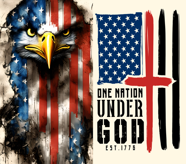 One Naton Under God In Black Font With American Flag And Eagle In Red White And Blue UV-DTF 20 oz Skinny Tumbler Wrap