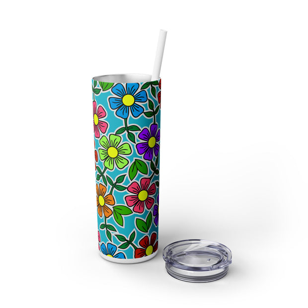 Flower Power In Pink Orange Blue Green Floral With Blue Backdrop 2 UV-DTF 20 oz Skinny Tumbler Wrap