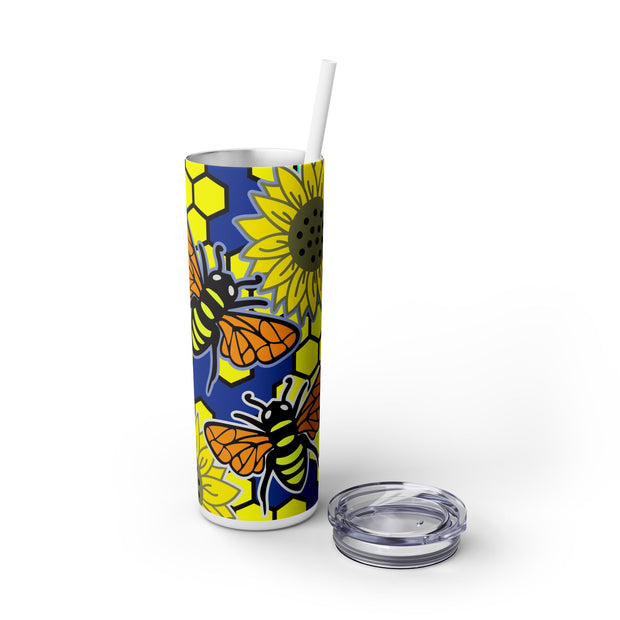 Flower Power With Honey Bees Sunflowers And Dark Blue Backdrop 4 UV-DTF 20 oz Skinny Tumbler Wrap