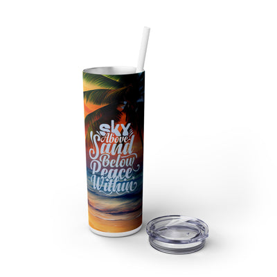 Sky Above Sand Below Peace Within With Palm Tree And Blue And Orange Seascape UV-DTF 20 oz Skinny Tumbler Wrap