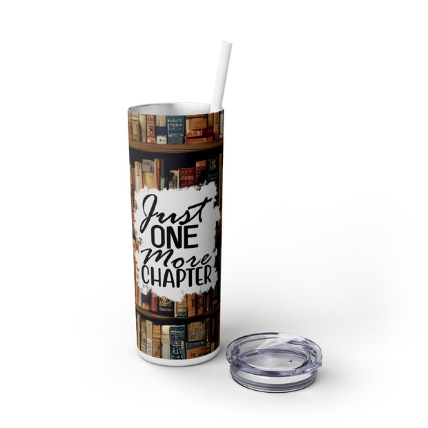 Just One More Chapter In Black Font With Bookshelf Backdrop UV-DTF 20 oz Skinny Tumbler Wrap