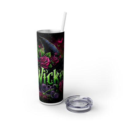 Wicked In Green Font With Pink Roses And Black Backdrop UV-DTF 20 oz Skinny Tumbler Wrap