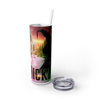 Wicked With Witch And Princess In Yellow Emerald City Backdrop  20 oz Skinny Tumbler Wrap